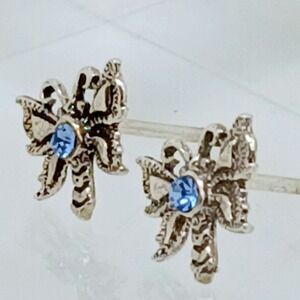 925 Sterling Silver Butterfly Stud Earrings Blue Crystal Vintage New-Old-Stock